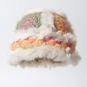 Handmade Crochet Knit Bucket Hat Women Winter Warm Patchwork Faux Fur Trim Fisherman Hat Bohemian Vintage