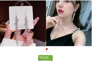Elegant silver tassel earrings with crystals and S925 needles on display and model