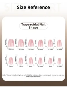 Tableau des tailles pour 24 faux ongles rose nude forme trapèze avec dimensions précises