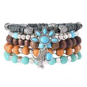 Bohemian multilayer beaded bracelet set with wood beads turquoise and boot pendant