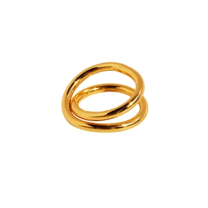 Minimalist double layer gold crossover ring with polished metallic finish on white background