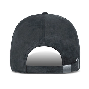 Plush black velvet baseball cap with adjustable metal buckle on a white background