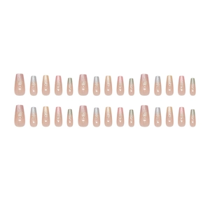 Pink and purple gradient press-on nails with glitter finish on white background
