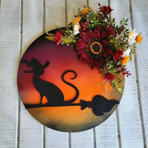 Halloween crescent moon cat wreath wooden door sign with black cat silhouette and floral decor