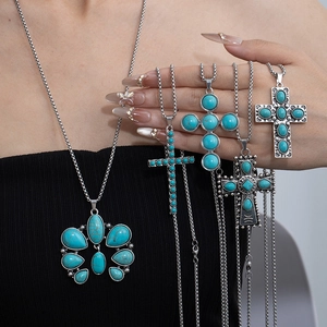 Bohemian natural turquoise necklaces in silver stainless steel with cross pendants