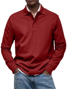 Slim fit heren poloshirt met lange mouwen in bordeauxrood met knoopsluiting op witte achtergrond
