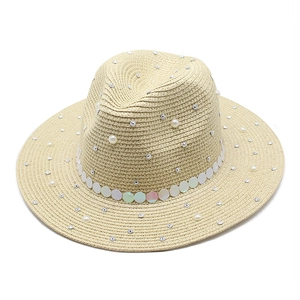 Detail showing high-quality straw weave with pearl and rhinestone embellishments