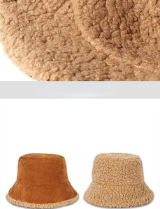 Detailed texture of fluffy sherpa and corduroy winter bucket hats in brown and beige