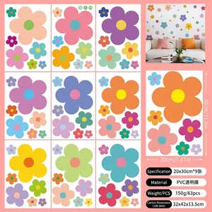 Detailed view of colorful flower wall stickers with 63 PVC pieces for home decoration