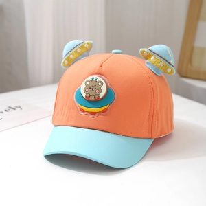 Detail of baby baseball cap with spaceship bear patch and 3D UFO ear decorations