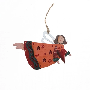 Creative painted wooden Christmas angel hanging ornament with rustic jute rope loop