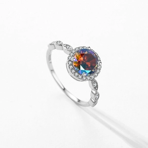 Sparkling S925 sterling silver halo ring with rainbow gemstone and vintage band