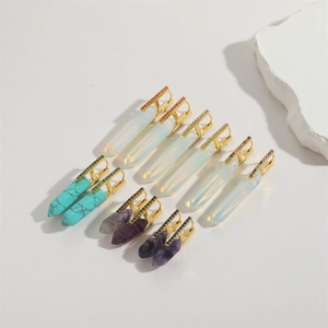 Luxury gold copper hoop earrings with natural turquoise and zircon hex pendants