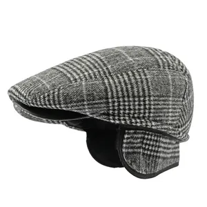 Men's winter grey plaid flat cap with fold-away earflaps in vintage wool blend