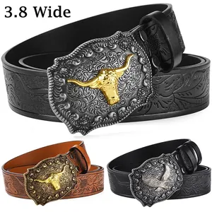 Men's Western Cowboy PU Leather Belt With Vintage Bull Head Alloy Buckle Embossed Floral Pattern Punk Waistband For Casual Daily Jeans