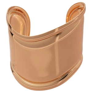 Minimalist wide open cuff bracelet with glossy metallic finish in rose gold on white background