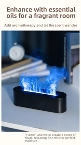 Detailed blue 3D simulation flame effect with mist on a black essential oil diffuser