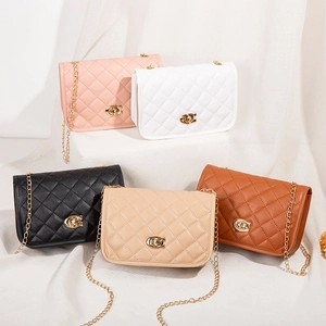 Women Quilted Crossbody Bag PU Leather Gold Chain Strap Metal Turn Lock Elegant Fashion Small Shoulder Handbag