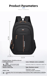Front view of waterproof black oxford laptop backpack showing size and capacity data