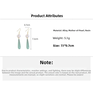 Detail showing dimensions of green resin teardrop earrings with alloy and shell materials