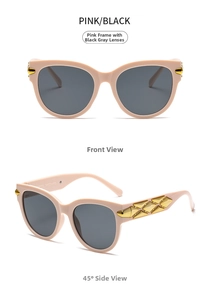 Front and side view of pink oval sunglasses featuring gold geometric temple accents