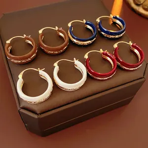 Vintage Geometric Round Hoop Earrings For Women Copper Enamel Retro Style Jewelry With Steel Earring Post