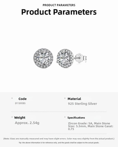 Detailed specs of S925 sterling silver halo stud earrings with 0.75ct 5A cubic zirconia
