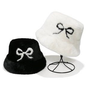 Women Faux Mink Fur Bucket Hat Warm Plush Winter Basin Cap With Contrast Bow Pattern Elegant Soft Chic