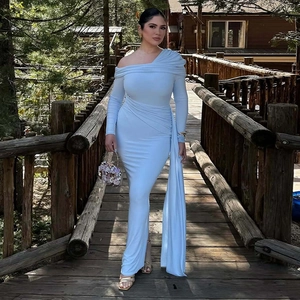 Detail of light blue one-shoulder maxi dress with elegant pleats and side drape