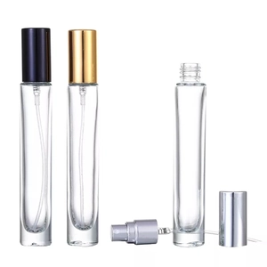 Detailed view of 10ml glass perfume spray bottles with black, gold and silver caps