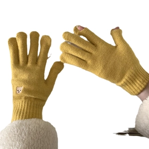 Winter yellow knit gloves with cute bear embroidery and touchscreen finger design