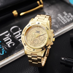 Luxury gold men's quartz watch featuring a stainless steel band and large analog dial