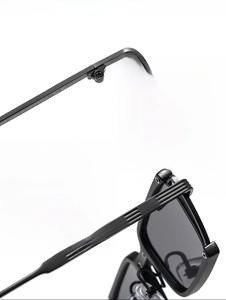 Detailed macro view of durable metal hinges and textured frame on square sunglasses