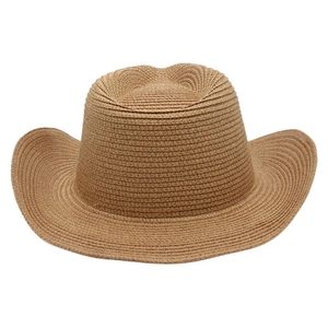 Close-up detail of light brown straw weaving on a wide brim Western cowboy sun hat