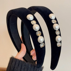 Vintage black velvet headband with white pearls and sparkling crystals for women