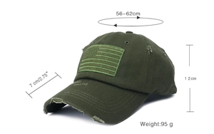 Detailed dimensions of olive green distressed American flag baseball cap with measurements