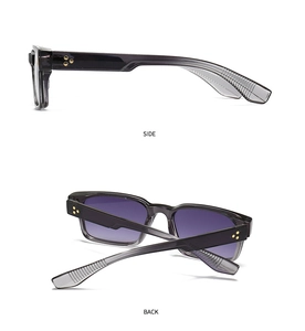 Detailed side and back view of square sunglasses with gold star accents and gradient lenses