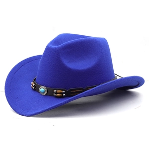 Blue wool western cowboy hat with turquoise leather band and wood bead accents