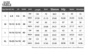 Size chart for solid color slit slim maxi dress with UK, US, and EU measurement details