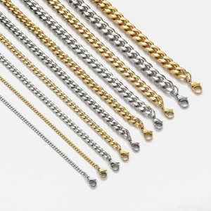 Polished stainless steel Cuban link necklaces in gold and silver with lobster clasps
