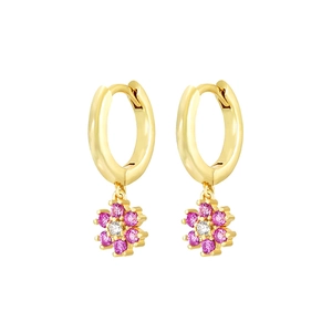 Elegant gold hoop earrings with pink flower charms and sparkling zircon stones