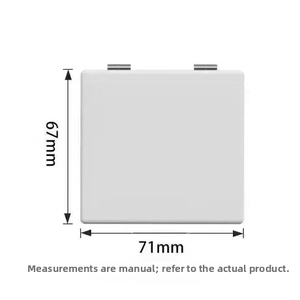 Front view of white square makeup mirror measuring 71mm by 67mm with metal hinges
