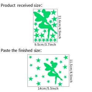 Luminous fairy and stars wall sticker size chart showing received and finished dimensions