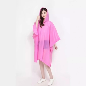 Pink translucent hooded rain poncho with side snap buttons and drawstring for adults