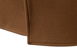 Close-up of premium brown twill fabric texture and fine stitching detail on coat