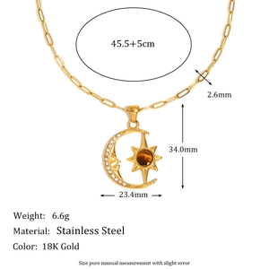 18K gold plated stainless steel sun and moon pendant necklace with paperclip chain