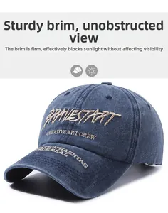 Macro shot of durable washed denim texture and 3D embroidery on street style baseball cap