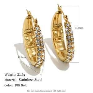 18K gold plated stainless steel moon face hoop earrings with sparkling cubic zirconia