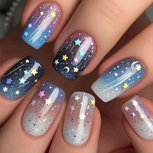 Press On Nails Starry Sky Galaxy Design Gradient Color Glitter Star Moon Pattern Mid Long Square ABS Plastic For Women