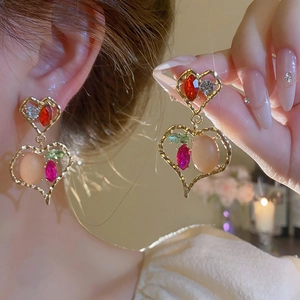 Vintage Palace Style Heart Dangle Earrings With Multi-Color Rhinestones Gold Plated Alloy Silver Earring Post For Women